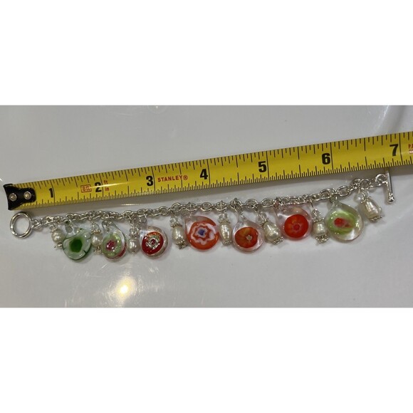 MURANO Glass Red & Green Fresh Water Pearl Charm Bracelet 7in - Picture 4 of 9